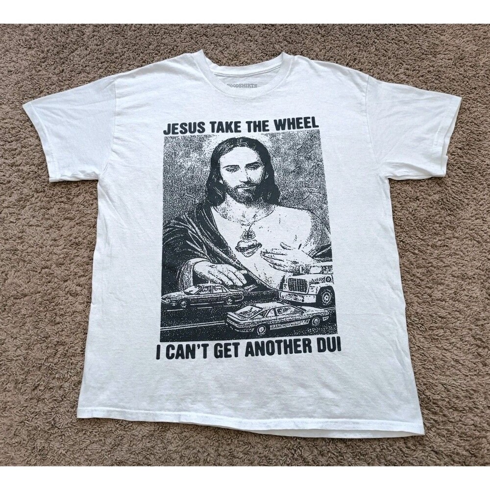 Funny Jesus T-Shirt Men's Size Large Graphic Print White Short Sleeve